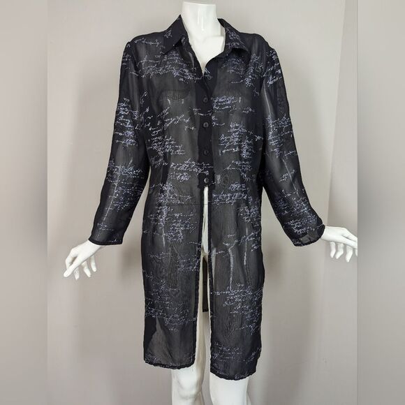 Vintage Steilmann Sheer Black Shirt Dress – Glitter Script Print – Y2K Goth Roma - Picture 3 of 11